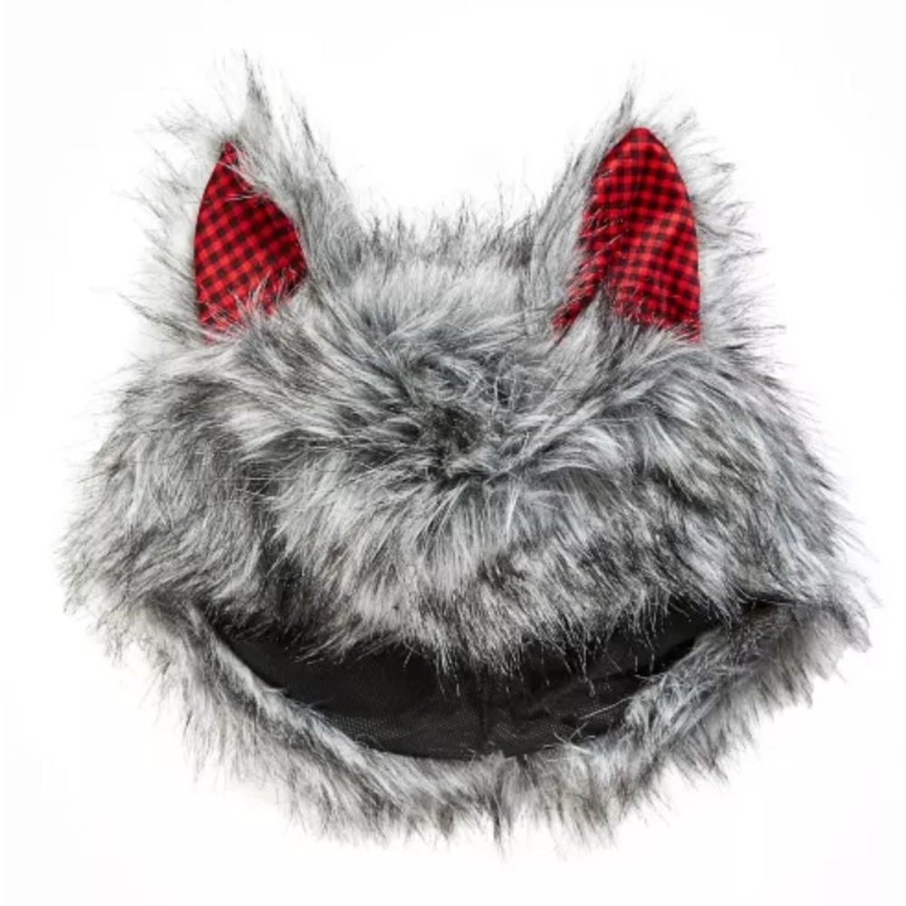 Wolf Costume Faux Fur Hat with Red Plaid Ears